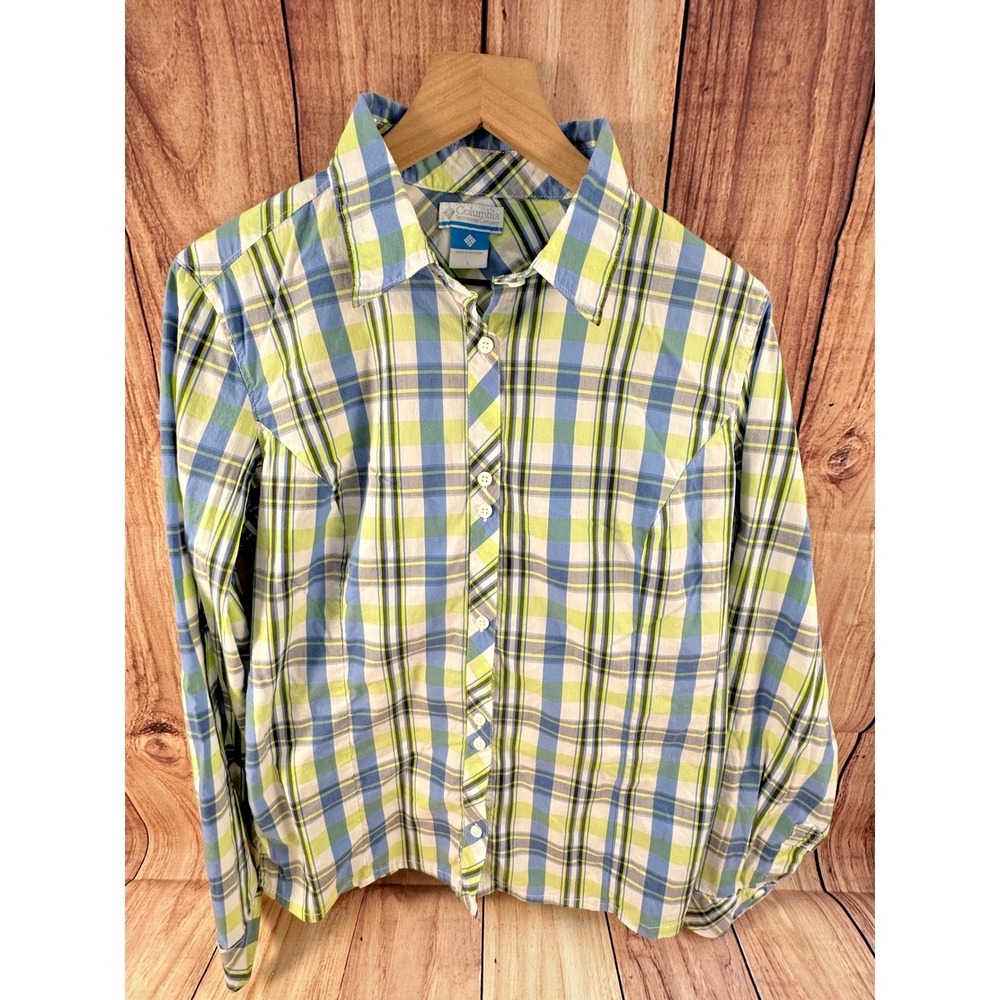 Columbia Womens Plaid Shirt Blue Green LARGE Button Down Long Sleeve Outdoor